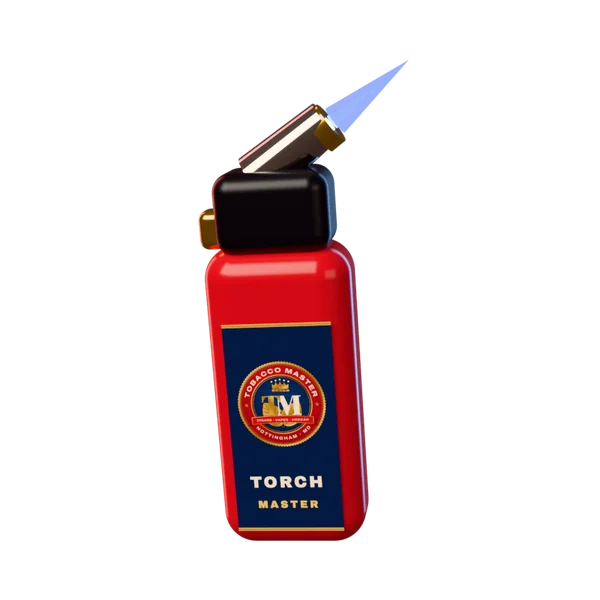 3D render of a red torch lighter with a blue flame
